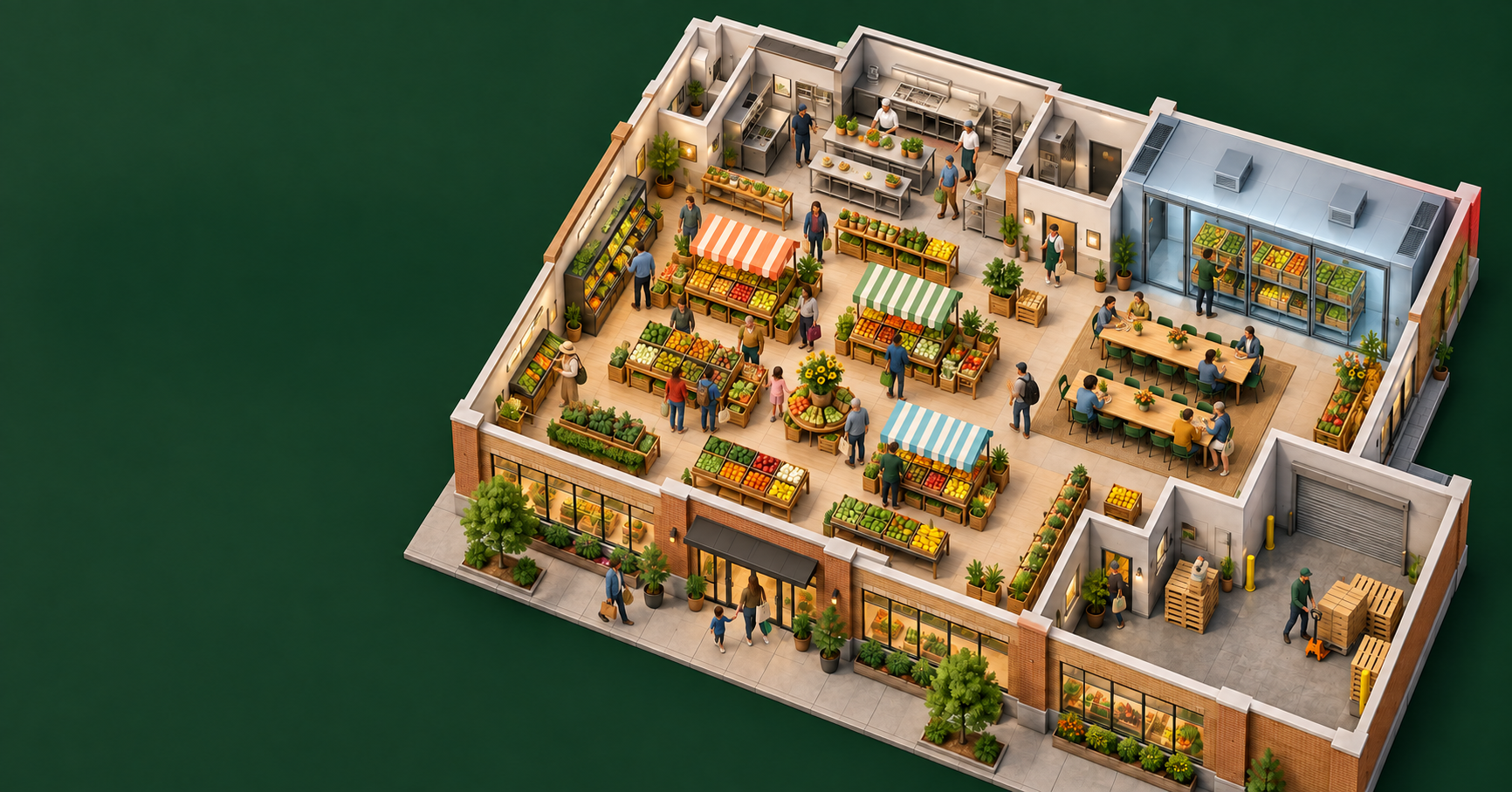 Illustrative bird's-eye atmosphere study of a populated indoor farmers market